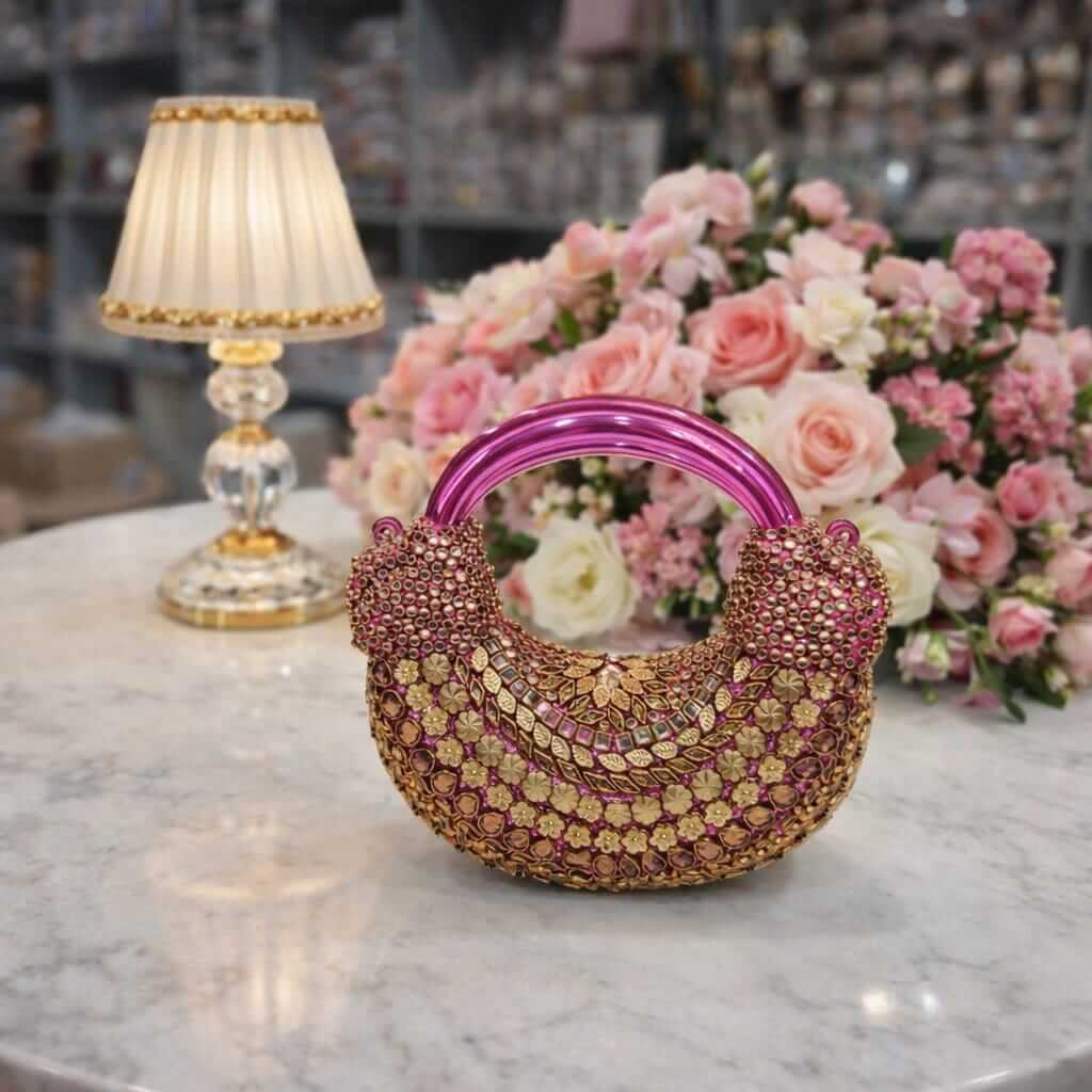 kundan hand purse pink colour